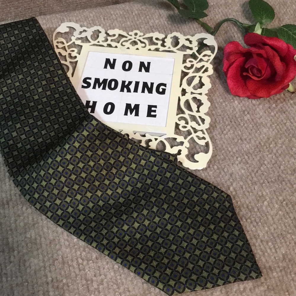 ADDENDUM Neck Tie 100% SILK Abstract print gold tan blue black circles s…